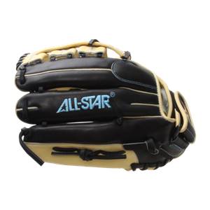 Side view of a black and tan fastpitch glove with ALL-STAR logo and tan lacing.