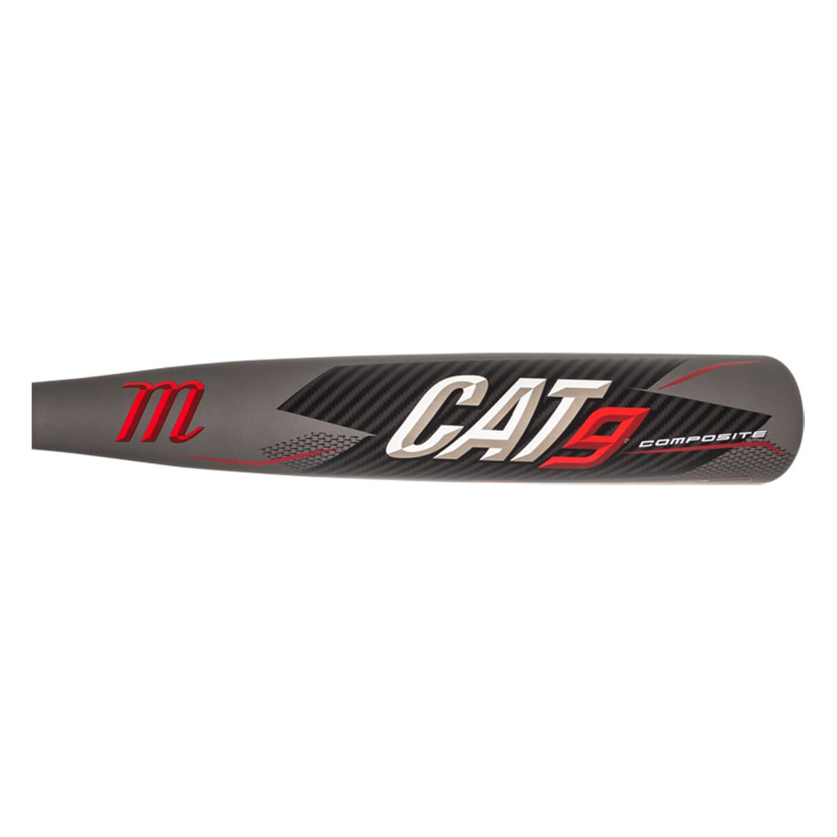Side view of a gray baseball bat with red m logo, white CAT9 text, and black carbon fiber pattern.