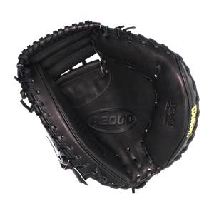 Top-down view of a black baseball catchers mitt with A2000 and DPGM branding.