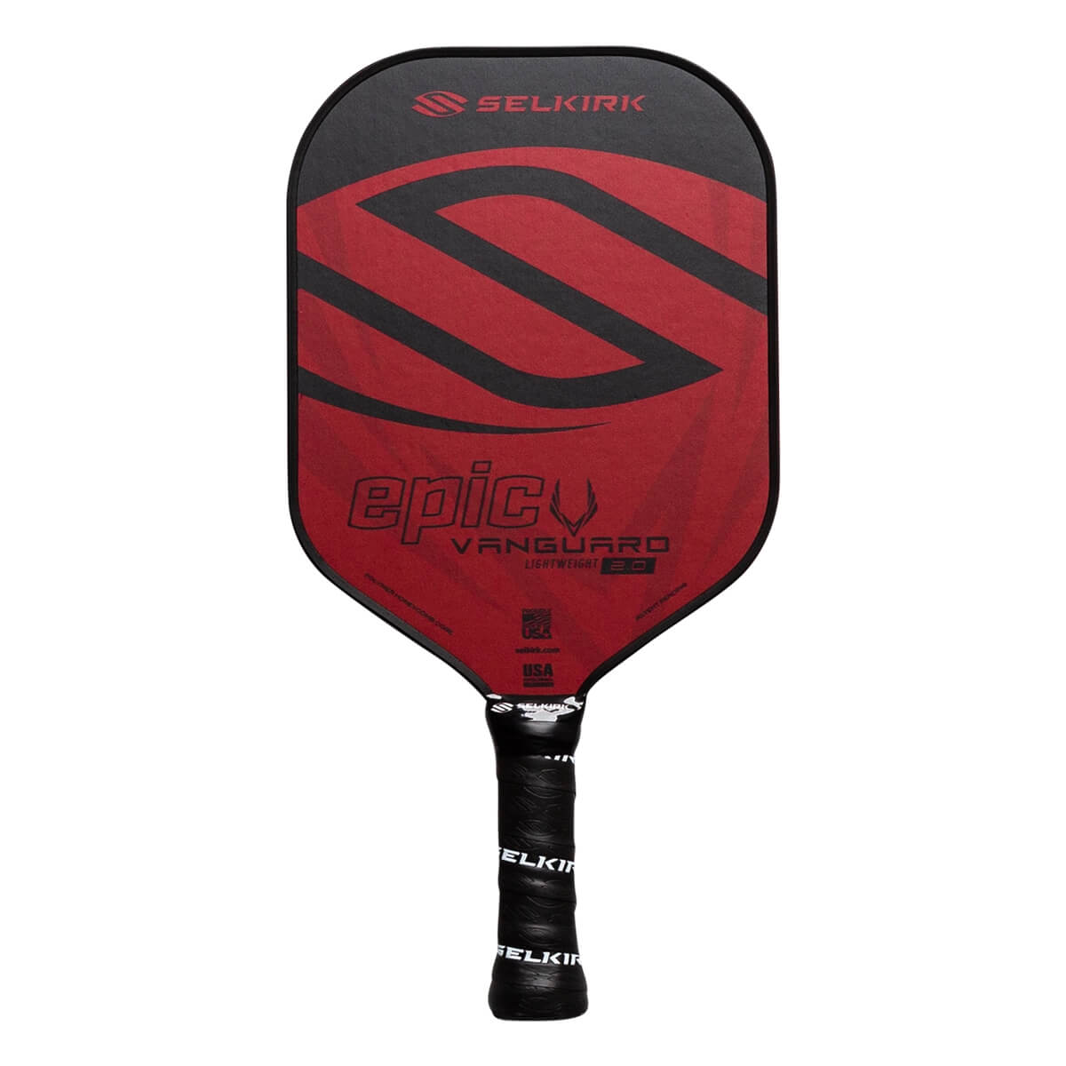 Front view of a red and black pickleball paddle with Selkirk branding, epic text, and a textured grip.