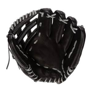 Top-down view of a black baseball glove with white stitching and Capitol Series embossed on the palm.