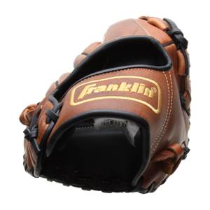 Top-down view of a brown baseball glove with black lacing and a gold Franklin logo.