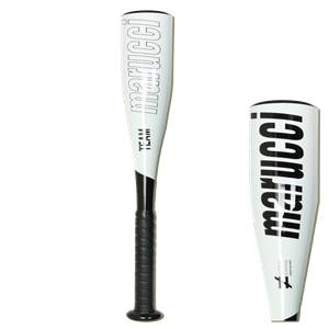 Front view of a white baseball bat with black Marucci branding and a black grip.