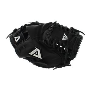 Top-down view of a black catchers mitt with white A logos and detailed lacing.
