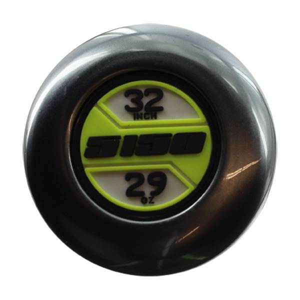 End cap view of a black baseball bat with 5150 logo, 32 inch, and 29 oz markings.