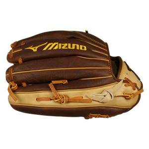 Front view of a brown baseball glove with tan accents and yellow Mizuno branding.
