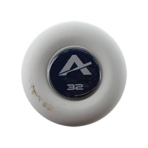 End view of a white baseball bat with a black circular logo featuring an A and the number 32.
