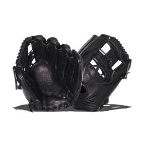 Front view of a black baseball glove with BLACKSTONE embossed on the palm and a textured surface.