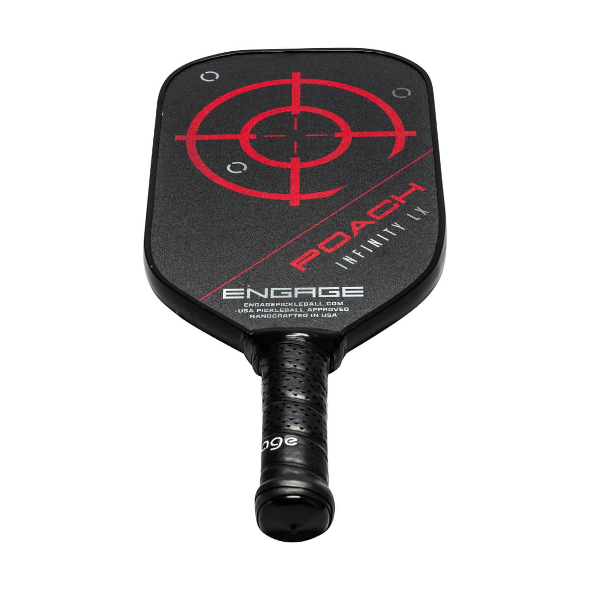 Front view of a black pickleball paddle with a red target design and POACH INFINITY LX text.
