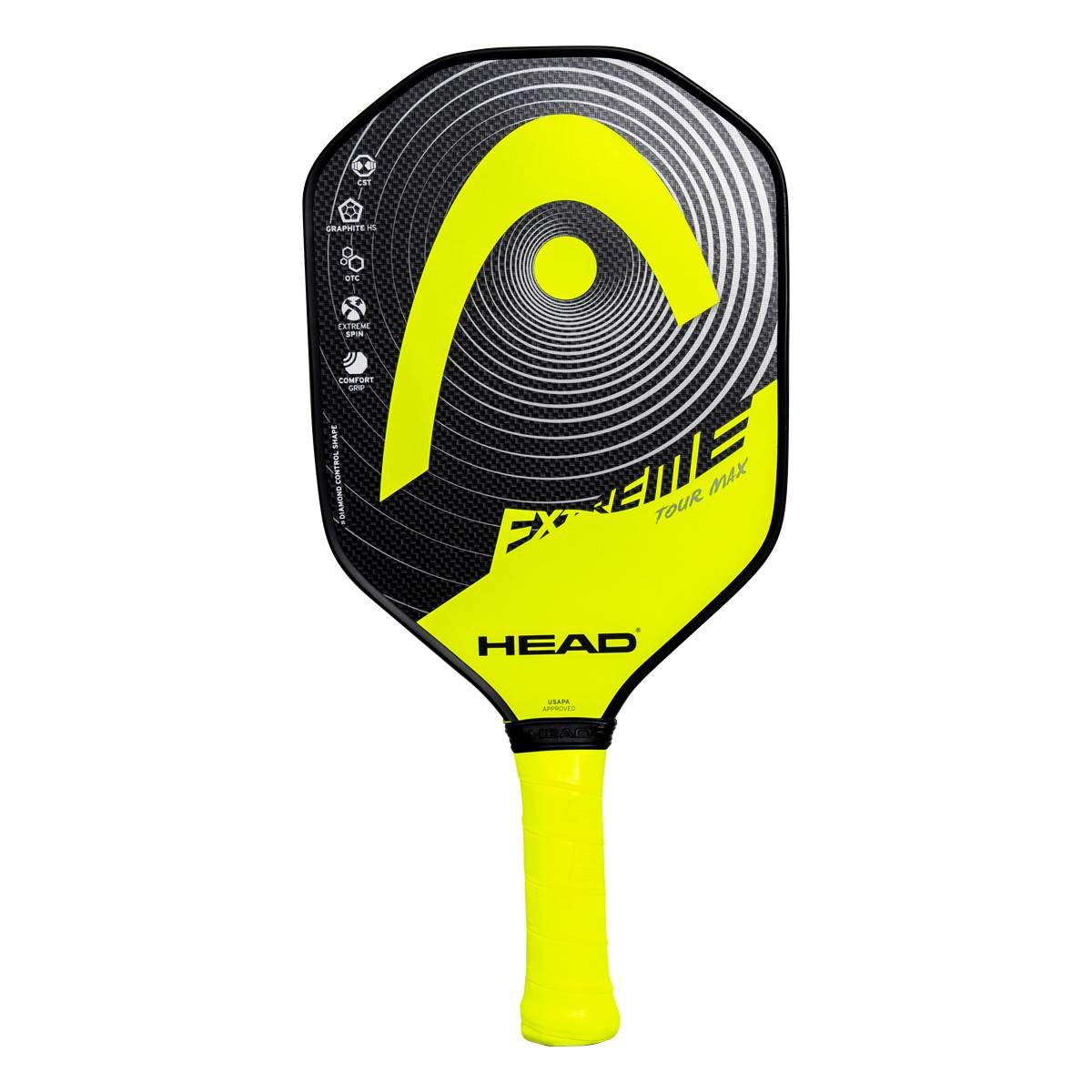 Front view of a yellow and black pickleball paddle with HEAD branding and EXTREME TOUR MAX text.