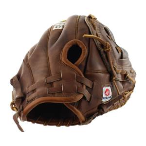 Side view of a brown leather softball glove with a Nokona logo and intricate lacing.