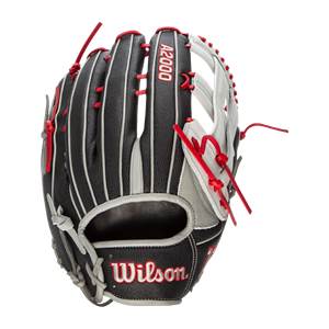 Front view of a black and gray softball glove with red lacing and Wilson and A2000 branding.
