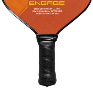 Close-up of a black pickleball paddle grip with perforated texture and Engage branding.