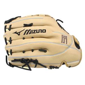 Front view of a tan Mizuno fastpitch mitt with black lacing and SureFit Foam text.