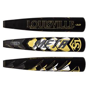 Top-down view of a black Louisville Slugger baseball bat with gold META text and Louisville logo.