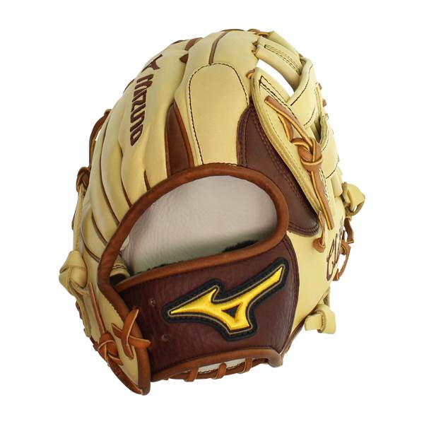 Side view of a tan baseball glove with brown accents and a yellow Mizuno logo.