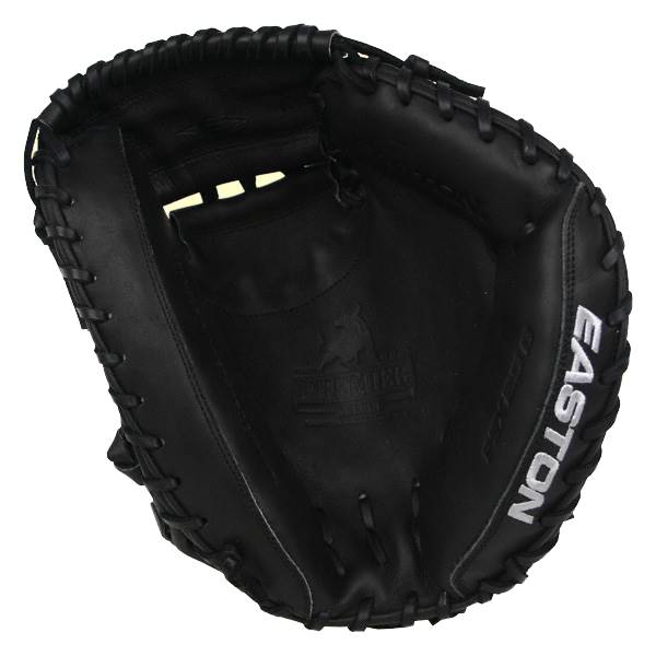 Interior view of a black catchers mitt with embossed PREMIER logo and white EASTON text.