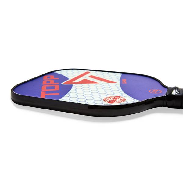 Side view of a purple pickleball paddle with red TOPP text and a white hexagonal pattern.