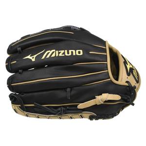 Side view of a black baseball glove with tan accents and gold Mizuno branding.