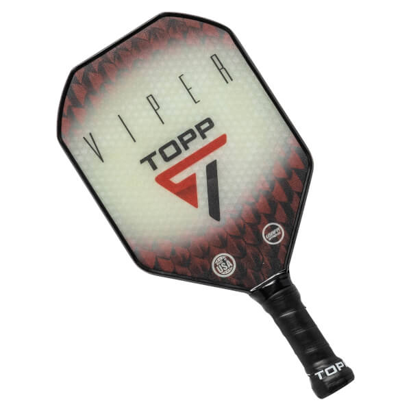 Top-down view of a white pickleball paddle with red accents, VIPER text, and a TOPP logo.