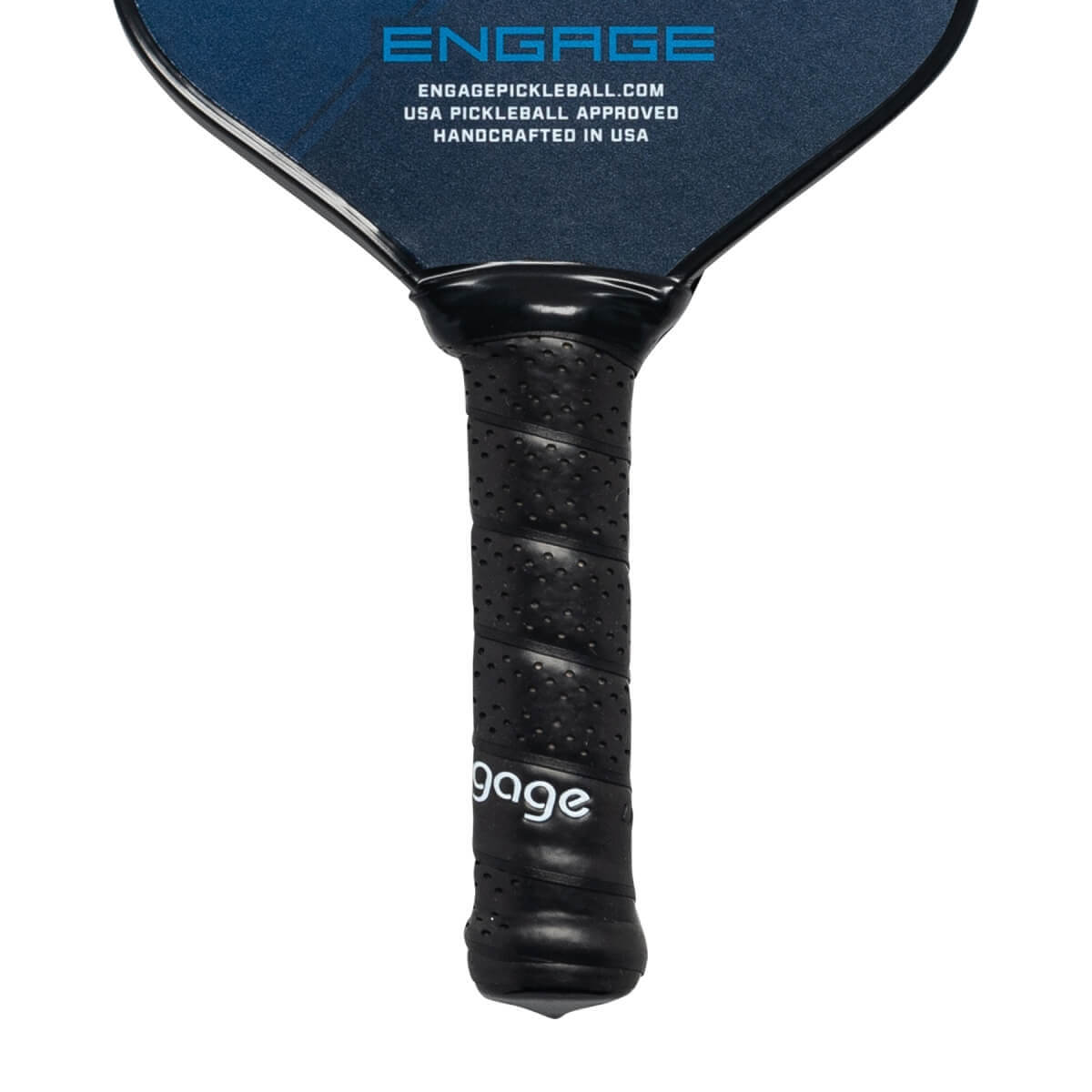 Close-up of a black pickleball paddle grip with a perforated texture and gage logo.