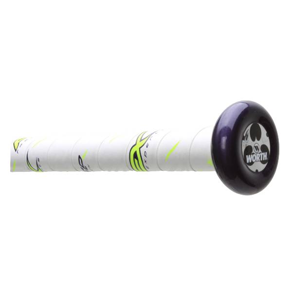 Side view of a purple softball bat end cap with the Worth logo and white grip with yellow accents.