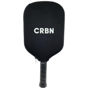 Front view of a black pickleball paddle with a CRBN logo and a perforated grip.