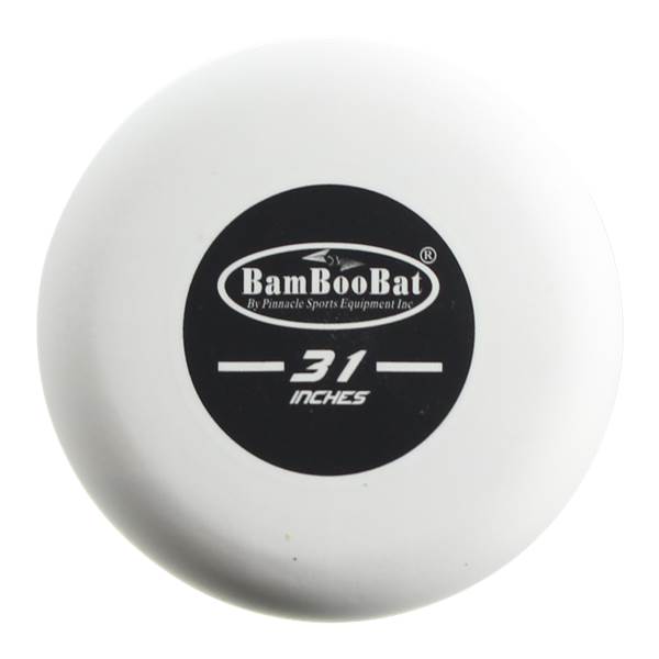 End view of a white baseball bat with a black circular logo and 31 INCHES text.