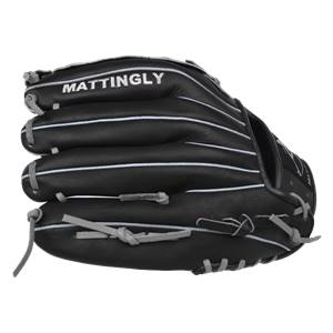 Side view of a black youth baseball glove with white stitching and MATTINGLY text.