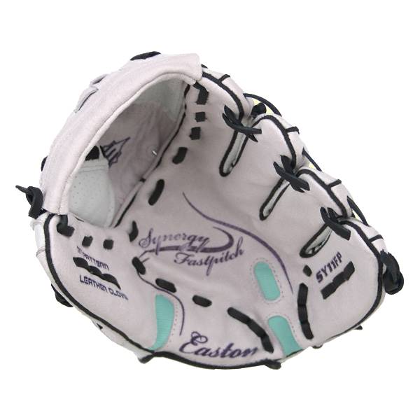 Top-down view of a white fastpitch glove with black lacing and teal accents.