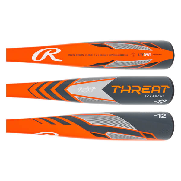 Three views of an orange and gray baseball bat with Rawlings and THREAT branding.