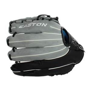Side view of a gray and black Easton softball glove with white piping and visible EASTON text.