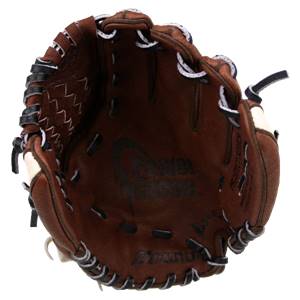 Top-down view of a brown baseball glove with white and black lacing and a Mizuno logo.