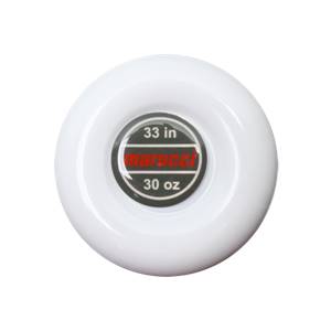 Top-down view of a white baseball bat end cap with 33 in, marucci, and 30 oz text.