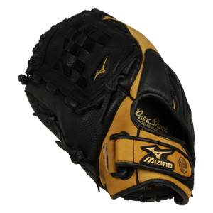 Side view of a black and tan baseball glove with a woven web, Para Shock text, and Mizuno logo.