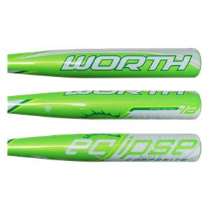 Side view of a green and white Worth Eclipse softball bat with WORTH and ECLIPSE branding.