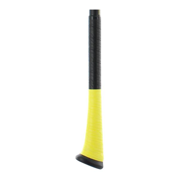 Close-up of a black and yellow baseball bat grip with a flared end.