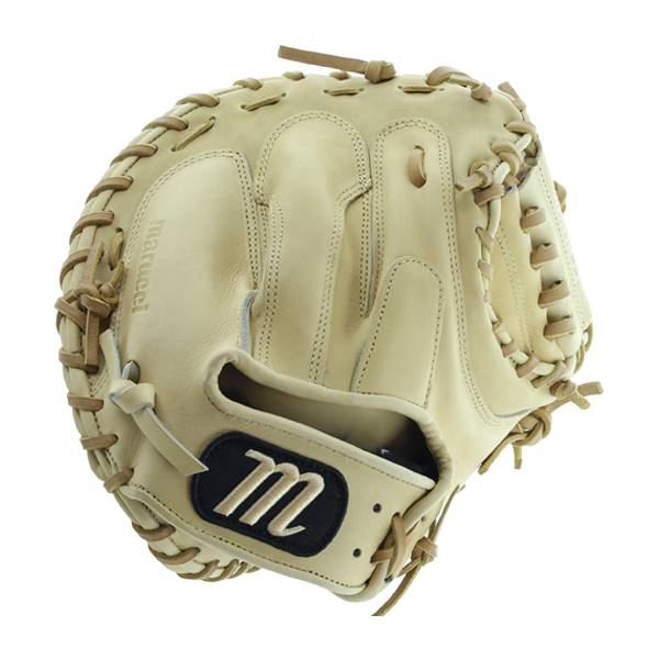 Front view of a camel catchers mitt with a black m logo and Marucci text.
