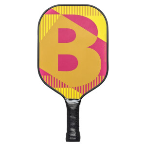 Front view of a yellow and pink pickleball paddle with a large B graphic and striped accents.