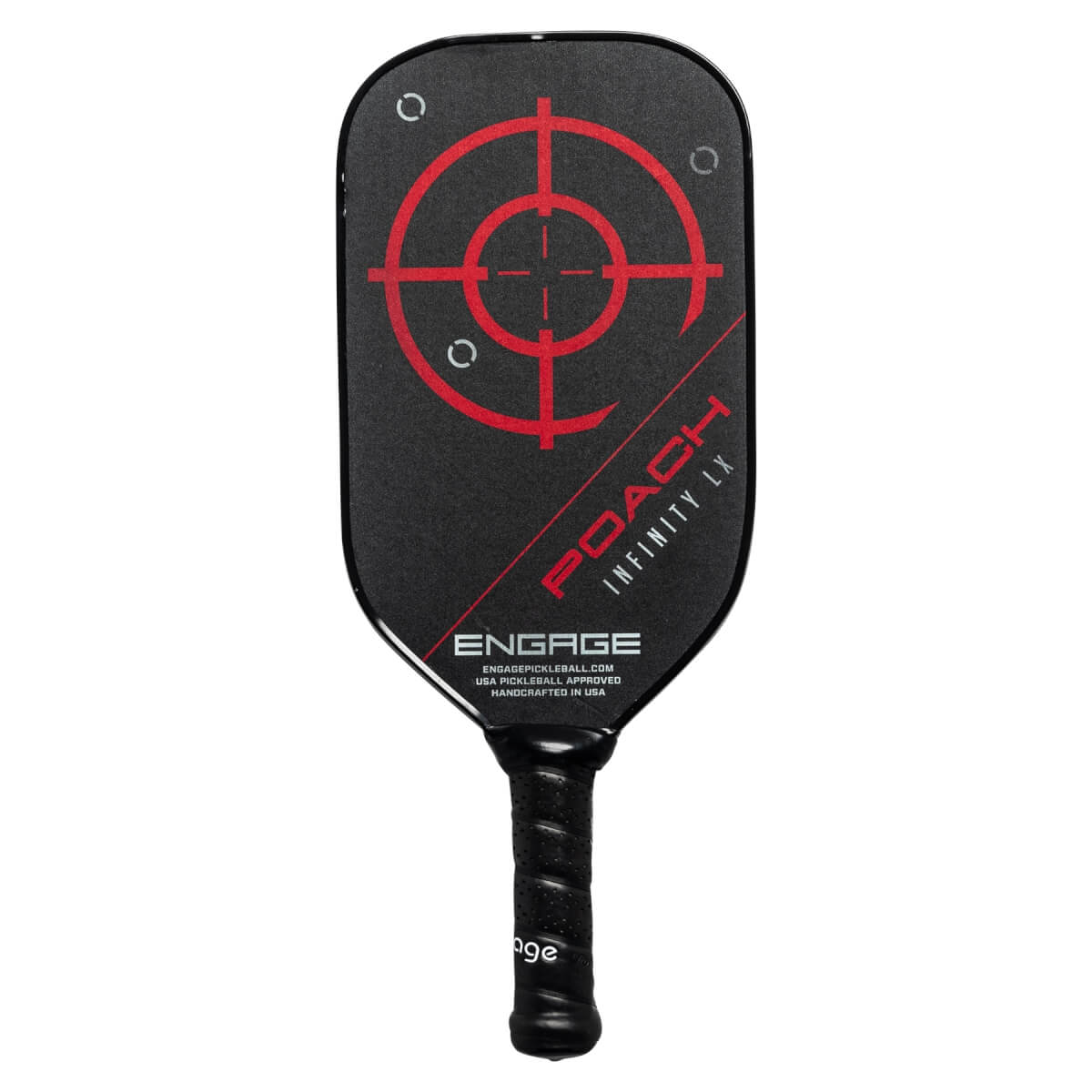 Front view of a black pickleball paddle with a red target design, POACH INFINITY LX text, and ENGAGE logo.