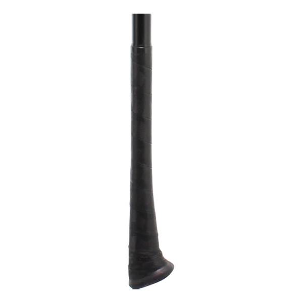 Close-up of a black baseball bat grip with a spiral texture.