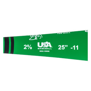Side view of a green tee ball bat with USA BASEBALL logo and 25 -11 markings.