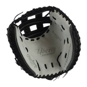 Top-down view of a black and white Rawlings Liberty Advanced catchers mitt with RLACM33 33 INCH and Liberty ADVANCED text.