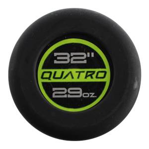 End cap view of a black baseball bat with green 32 QUATRO 29oz. text.