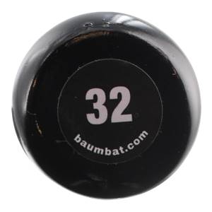 Top-down view of a black baseball bat with 32 and baum bat.com printed on the knob.