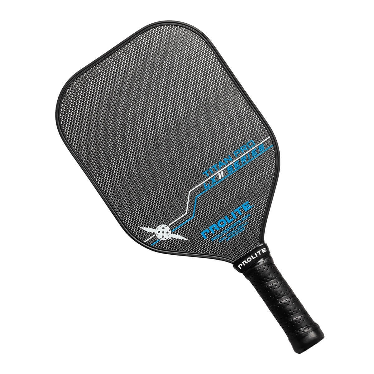 Top-down view of a black pickleball paddle with a textured surface, blue PROLITE branding, and a pickleball graphic.