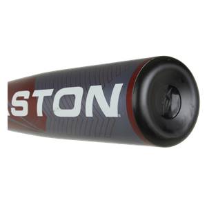 End view of a gray and red baseball bat with EASTON branding and a black end cap.