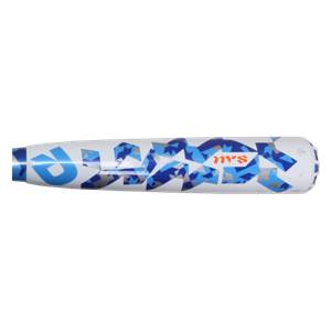 Side view of a white baseball bat with blue geometric patterns and NVS branding.