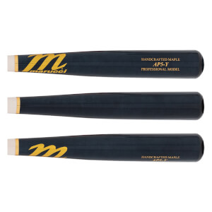 Side view of three navy baseball bats with gold Marucci logos and text.