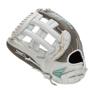 Angled view of a white and gray fastpitch softball glove with an open web, teal Easton logo, and EASTON text.